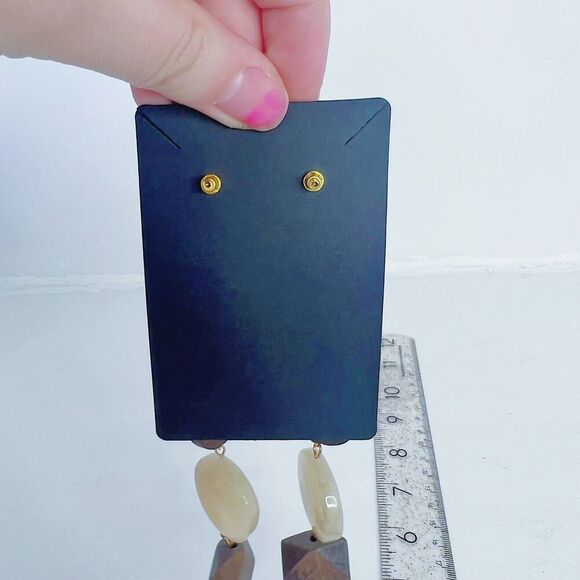 Natural Wood Statement Earrings Geometric Block Dangling Boho - Picture 3 of 4